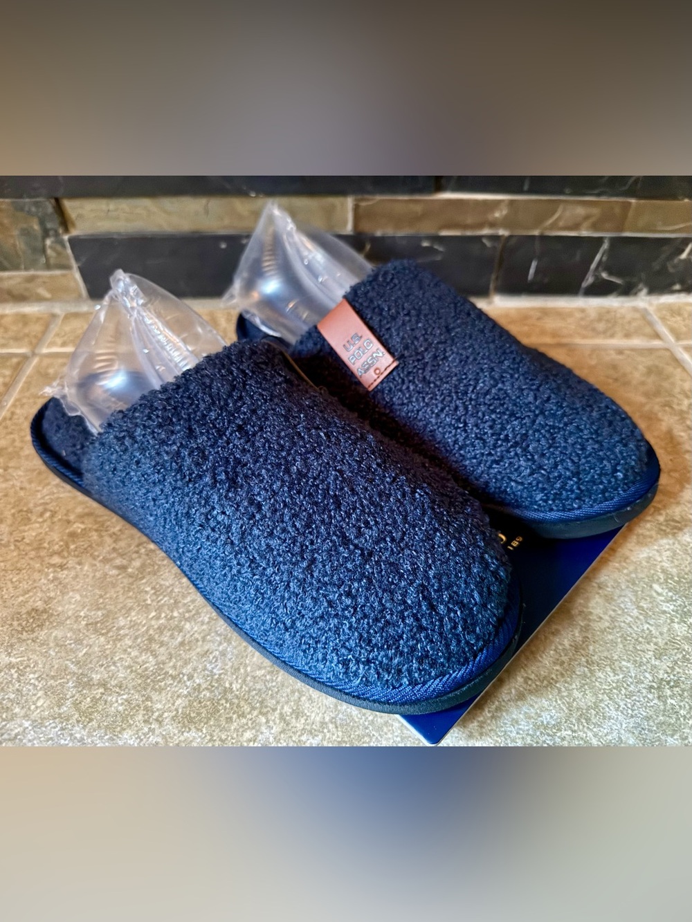 U.S. Polo Assn Men’s Sherpa Slippers Size 9/10 Navy Blue New FAST SHIPPING